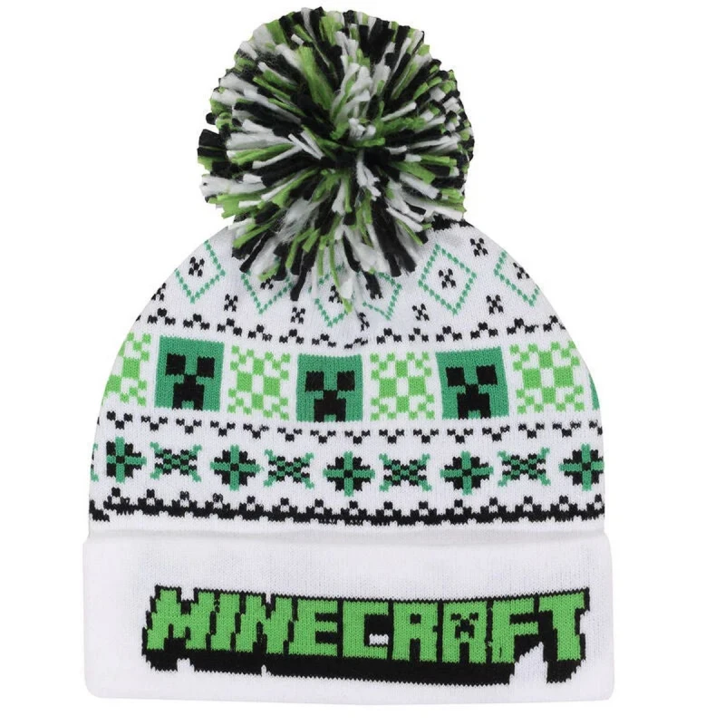 Image of Minecraft Minecraft Men Creeper Pom Pom Skiing Beanie in White White One Size Male 5063750120577