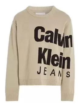 Image of Calvin Klein Jeans Boys Blown-Up Logo Layers Sweater - Plaza Taupe, Beige, Size Age: 14 Years
