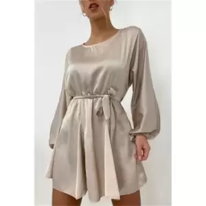 image of I Saw It First Champagne Petite Satin Belted Blouson Sleeve Skater Dress - Nude