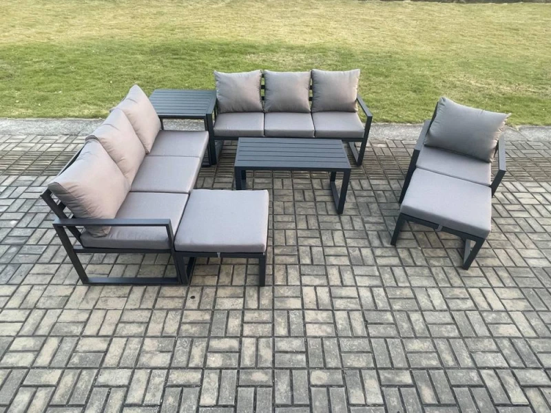 Image of Fimous Aluminium 7 Pieces Garden Furniture Set with Cushions 9 Seater Outdoor Patio Lounge Sofa Set with Armchair 2 Big Footstools Side Table Dark Gre