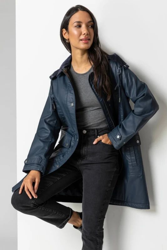 Image of Roman Waxed Longline Hooded Coat Navy