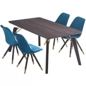 Image of 5 Pieces Life Interiors Sofia Cosmo Dining Set - a Black Rectangular Dining Table and Set of 4 Blue Dining Chairs - Blue