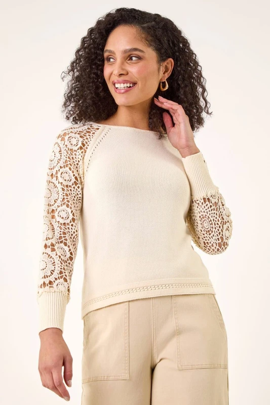 Image of Roman Womens Crochet Sleeve Knit Jumper in Ivory Size: 16 Ivory Female 16