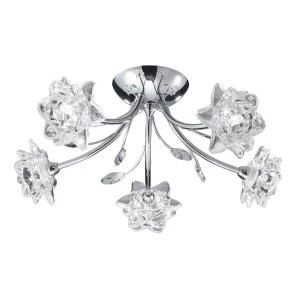Image of 5 Light Semi Flush Multi Arm Flower Design Ceiling Light Chrome and Glass, G9