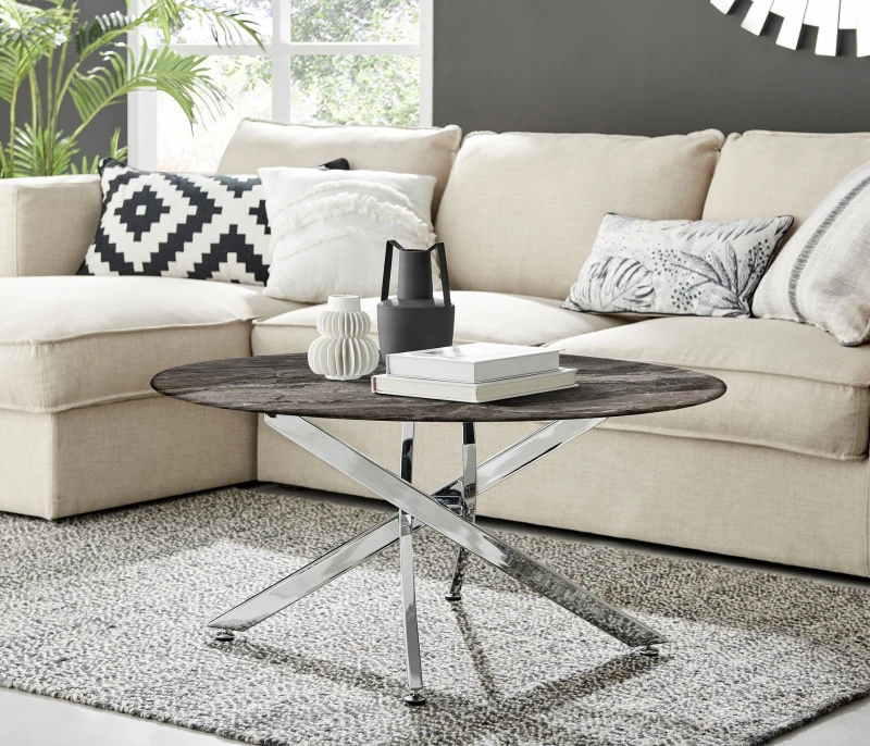 Image of FurnitureboxUK FurnitureboxUK Novara Round Marble Effect Glass Top Coffee Table With Silver Metal Starburst Legs in Grey Grey One Size Unisex 50565426