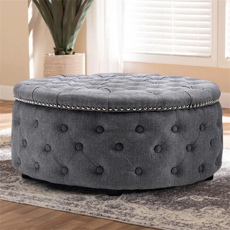 Image of Kabinet UK Round Linen Buttoned Ottoman with Studded Edge Black unisex Large