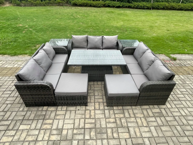 Image of Fimous 11 Seater Garden Dining Set Outdoor Rattan Furniture Lounge Sofa Height Adjustable Rising lifting Table Dark Grey