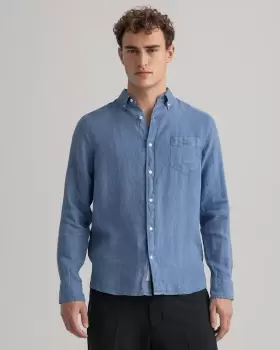 Image of GANT Men Regular Fit Garment-Dyed Linen Shirt (L) Blue