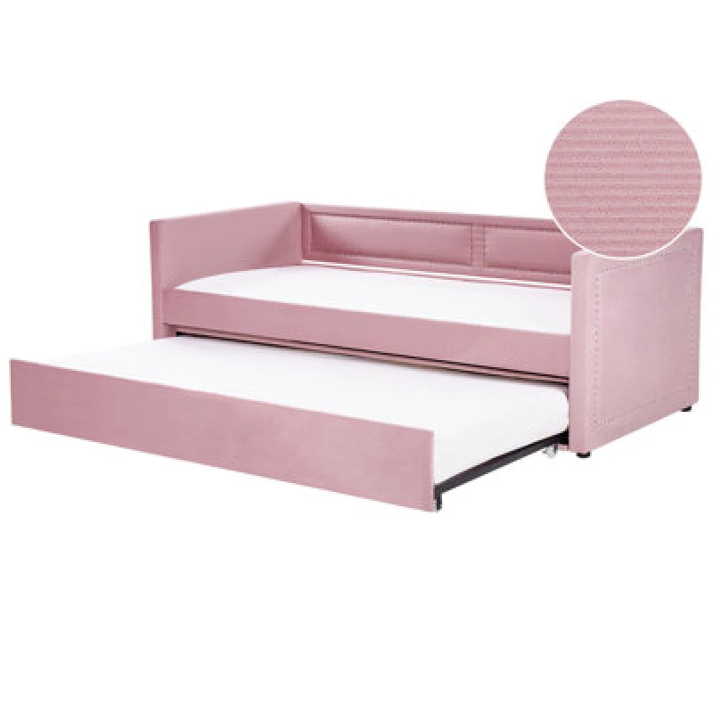 Image of Beliani Trundle Bed Corduroy Mimizan 90 X 200 Cm (Eu Single) Pink