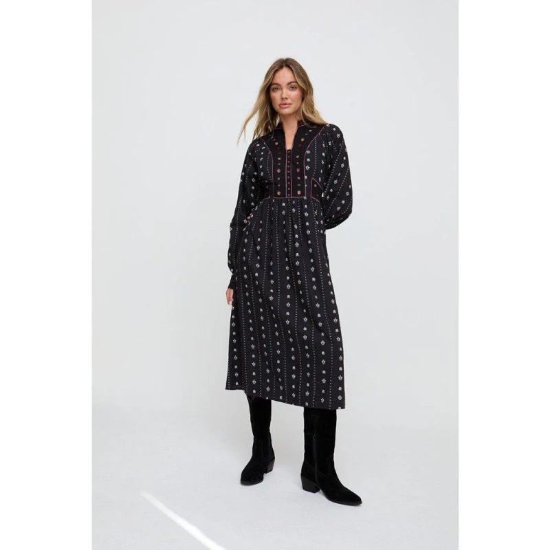 Image of Raffya Raffya Ocean Elasticated Back Embroidered Maxi Dress In Black female 8 (XS)