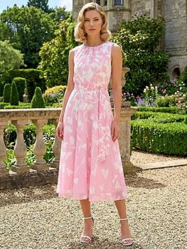 Image of Roman Womens Floral Chiffon Pleat Neck Dress in Pink Size: 12 Pink Female 12
