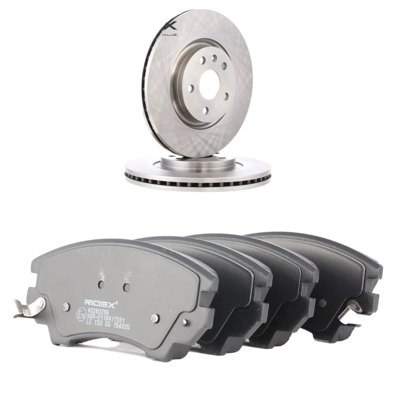 Image of RIDEX 3405B2026 Brake disc and pads set Front Axle, Brake Disc Type: Vented, with acoustic wear warning Brake Set,disc brakes (3405)