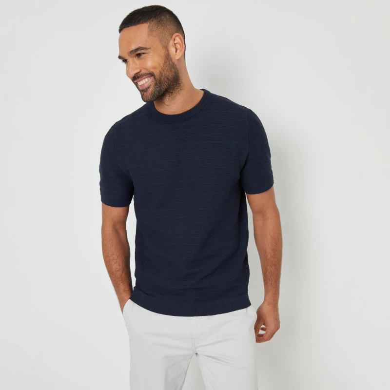 Image of Threadbare Textured Knitted T-Shirt - Blue Blue 2XL