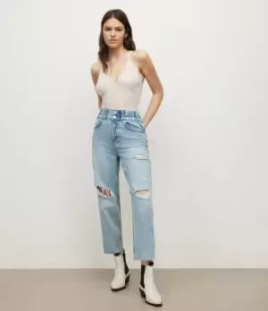 Image of AllSaints Womens Hailey High-Rise Straight Damaged Jeans, Light Indigo, Size: 6