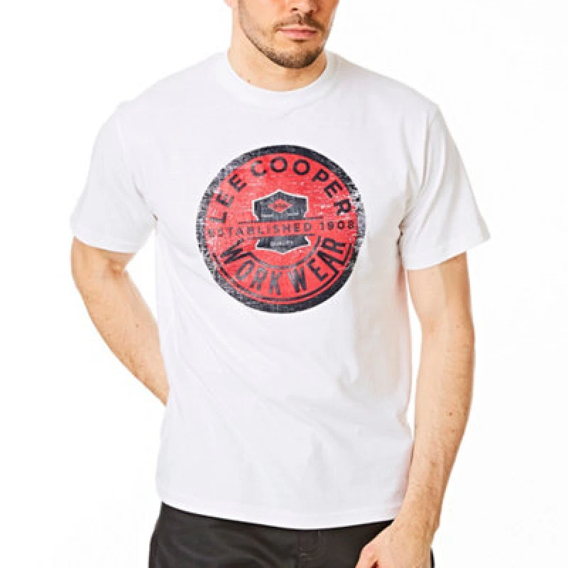 Image of Lee Cooper Workwear Lee Cooper Workwear Men Graphic Print Cotton T-Shirt in White Size: X-Large White XL Male 5050217322957