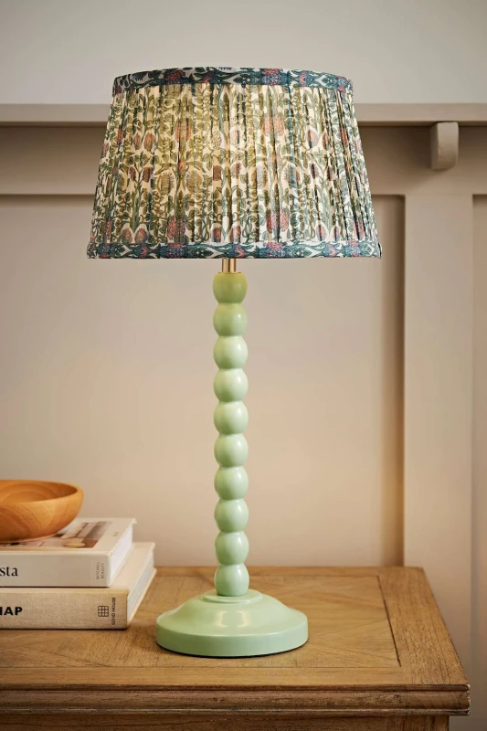 Image of ValueLights ValueLights Bobbin Bobble Table Lamp with Floral Pleated Tapered Lamp Shade in Pale Green Pale Green One Size Unisex 5059406067860