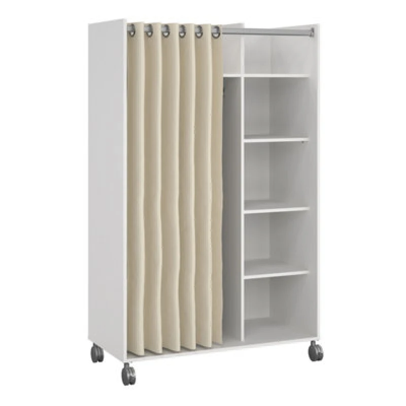 Image of Furniture To Go Uppsala Open Mobile Wardrobe Unit In White With A Beige Textile Curtain On Wheels