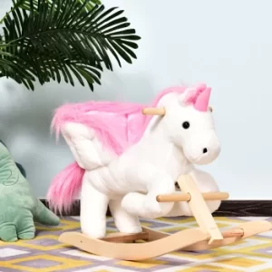 image of HOMCOM Unicorn Rocking Horse Kids Wooden Ride On Plush Toy w/ Music