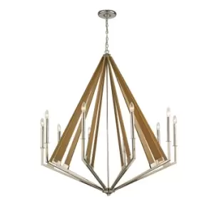 Image of Hilton Decagonal Caged Ceiling Pendant 10 Light E14 Polished Nickel, Taupe Wood (Item Requires Assembly)