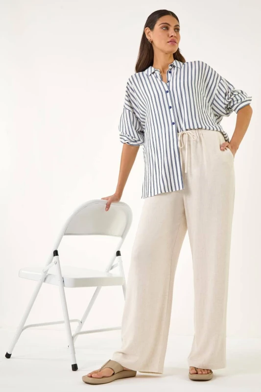 Image of Roman Womens Linen Blend Wide Leg Trouser in Natural Size: 12 Natural Female 12