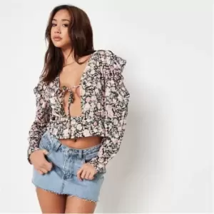 image of Missguided Petite Floral Print Tie Front Puff Sleeve Peplum Top - Multi