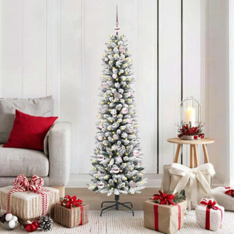Image of vidaXL Artificial Christmas Tree with 150 LEDs, Pink Balls Green and white 150 cm, Green 3396095