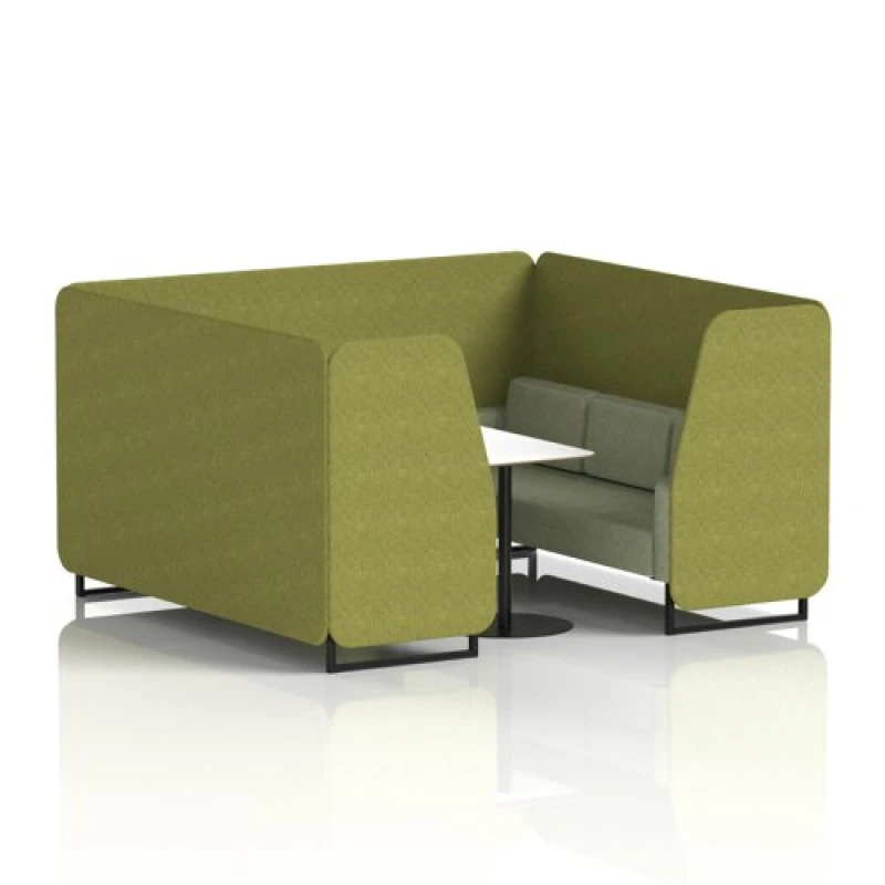 Image of Brixworth 6 Seater Office Booth with Front Panel - Black Legs and White Table with Black Leg in Rivet Fabric - Olive Panels and Burnish Sofa