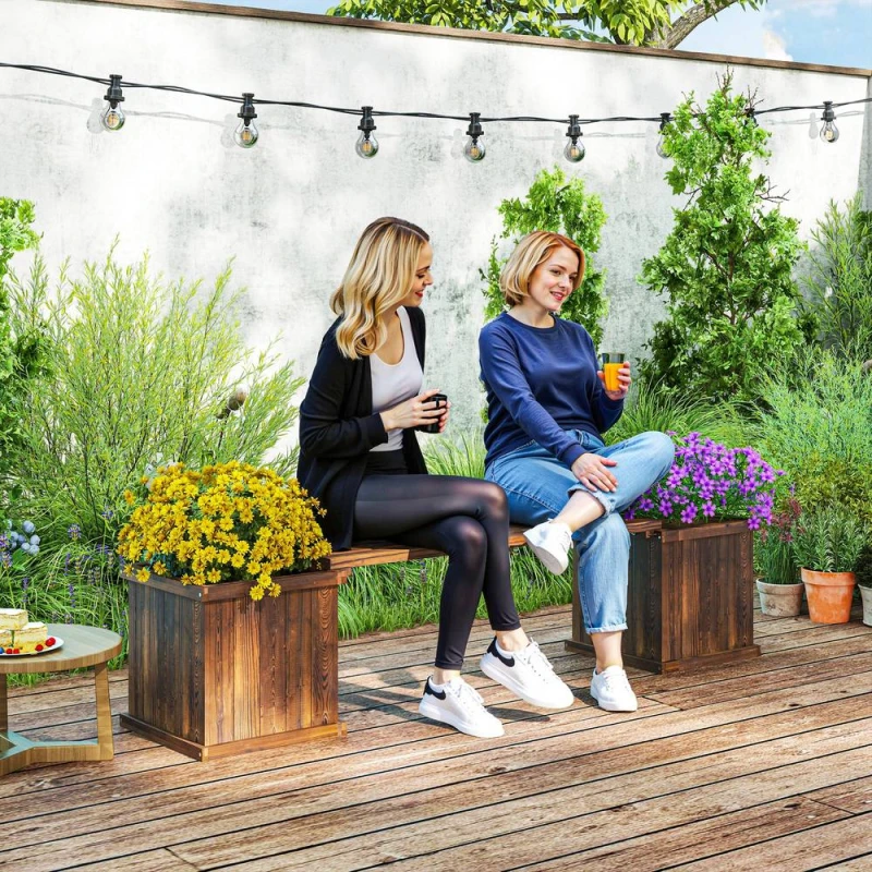 Image of OUTSUNNY Wooden Garden Planter & Bench Combination Garden Raised Bed in Brown Brown Unisex