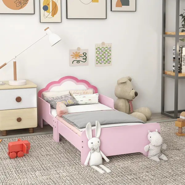 Image of ZONEKIZ Toddler Bed Frame, Cloud-Design Princess Bed, 143 x 74 x 55cm - Pink Pink