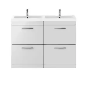 image of Nuie Athena 1200 Floor Standing 4-drawer Vanity & Ceramic Double Basin - Gloss Grey Mist