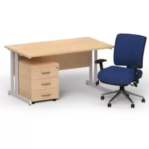 Image of Impulse 1400 x 800 Silver Cant Office Desk Maple + 3 Dr Mobile Ped & Chiro Med Back Blue W/Arms