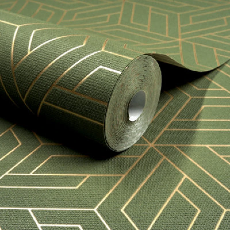 Image of Grandeco Cobra Geometric Pattern Metallic Blown Vinyl Wallpaper, Green