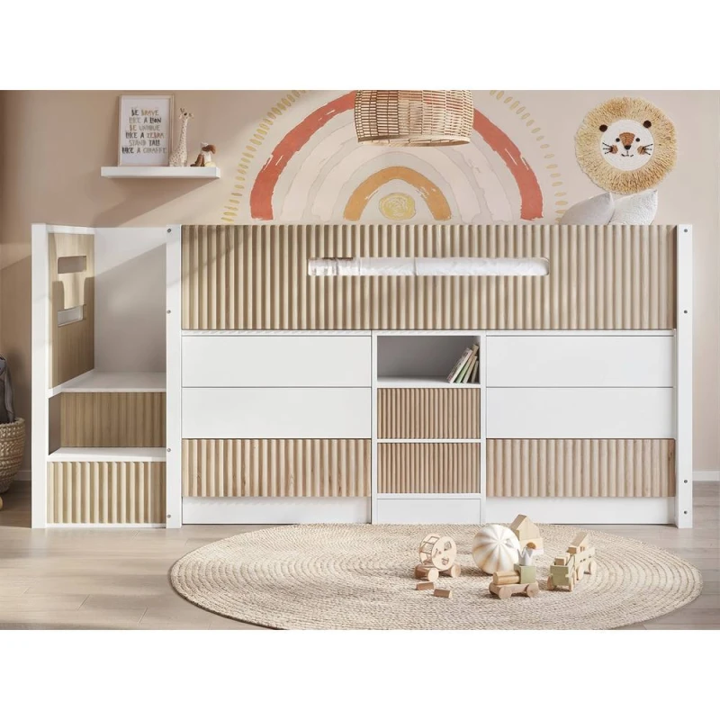 Image of Flair Luca Ribbed Mid Sleeper with 3 Drawer Chest Pair in Light Oak Size: Single Light Oak Unisex Single