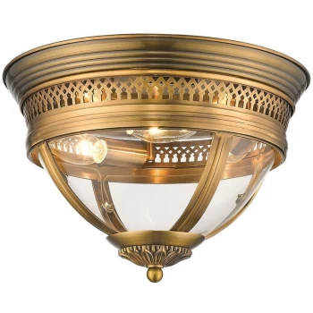 image of 3 Light Flush Ceiling Light Antique Brass, Clear, E14 - Spring Lighting