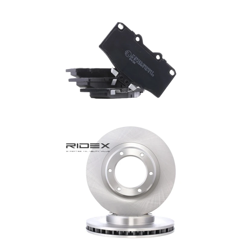 Image of RIDEX 3405B2964 Brake disc and pads set Front Axle, Brake Disc Type: internally vented, with acoustic wear warning Brake Set,disc brakes (3405)