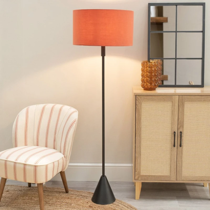 Image of ValueLights ValueLights Mitch Fabric Drum Lamp Shade Black Wood Stem Triangle Floor Lamp with LED Bulb in Burnt Orange Burnt Orange One Size Unisex 50