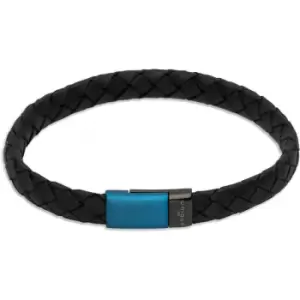 image of Unique & Co. Black Leather Bracelet with Blue/Black Plated Magnetic Steel Clasp