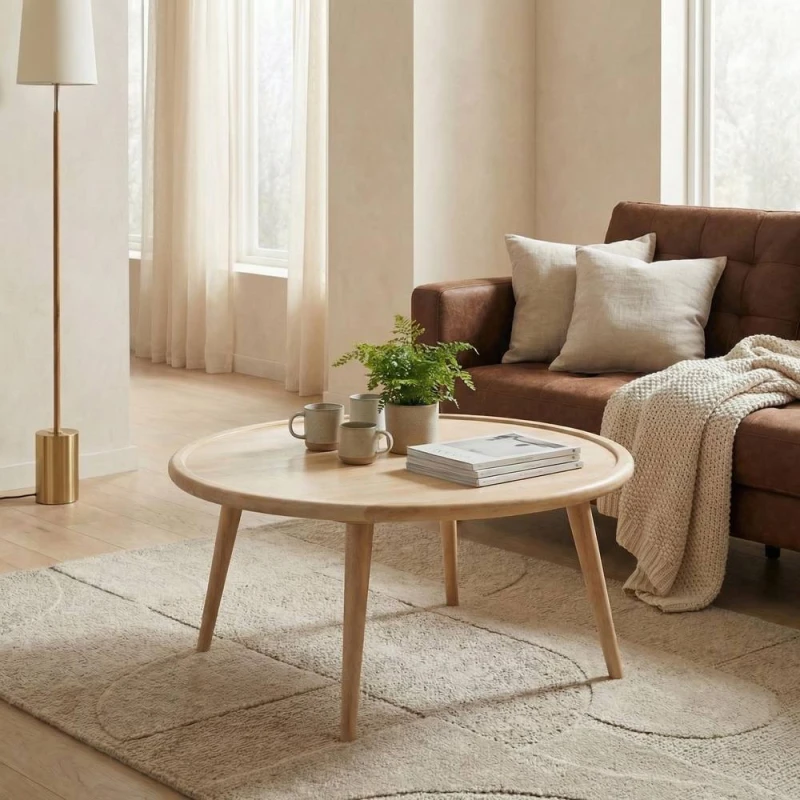 Image of FurnitureboxUK Orizaba Round White Oak Wood Coffee Table in Light Brown Light Brown Unisex