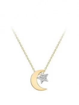 image of Love Gold 9Ct White And Yellow Gold Polished Moon And Diamond Cut Star Pendant Necklace