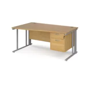 image of Office Desk Left Hand Wave Desk 1600mm With Pedestal Oak Top With Silver Frame Maestro 25 MCM16WLP2SO