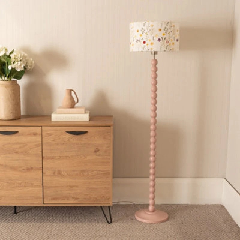 Image of ValueLights Bobbins Painted Rose Floor Lamp with Floral Embroidered Drum Lamp Shade Pale Pink