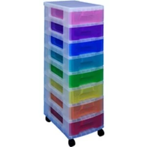 Image of Really Useful 8 x 7L Drawer Polypropylene Storage Tower Clear Frame with Assorted Coloured Drawers on Castors