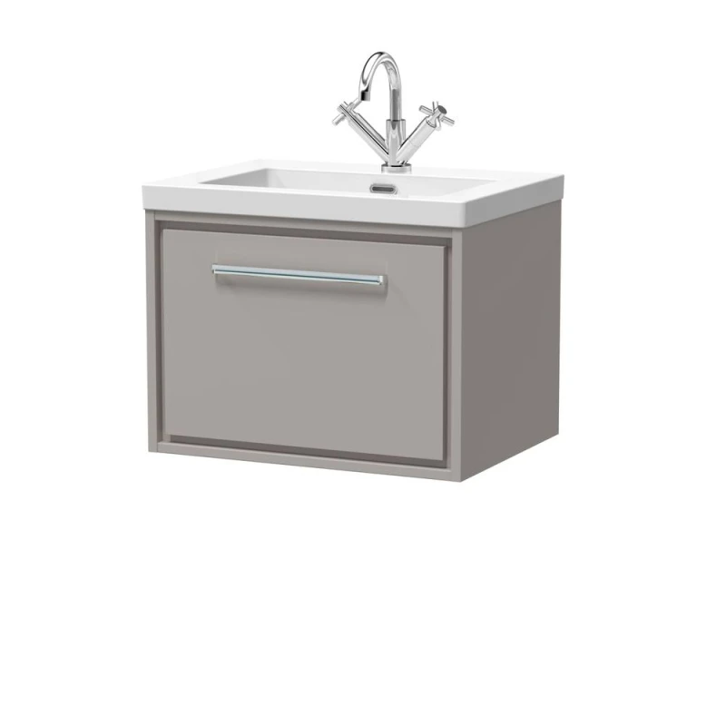 Image of Balterley Modern Bathroom 1 Soft-Close Drawer Wall Hung Vanity Unit Fireclay Basin, Pebble Grey, 600mm