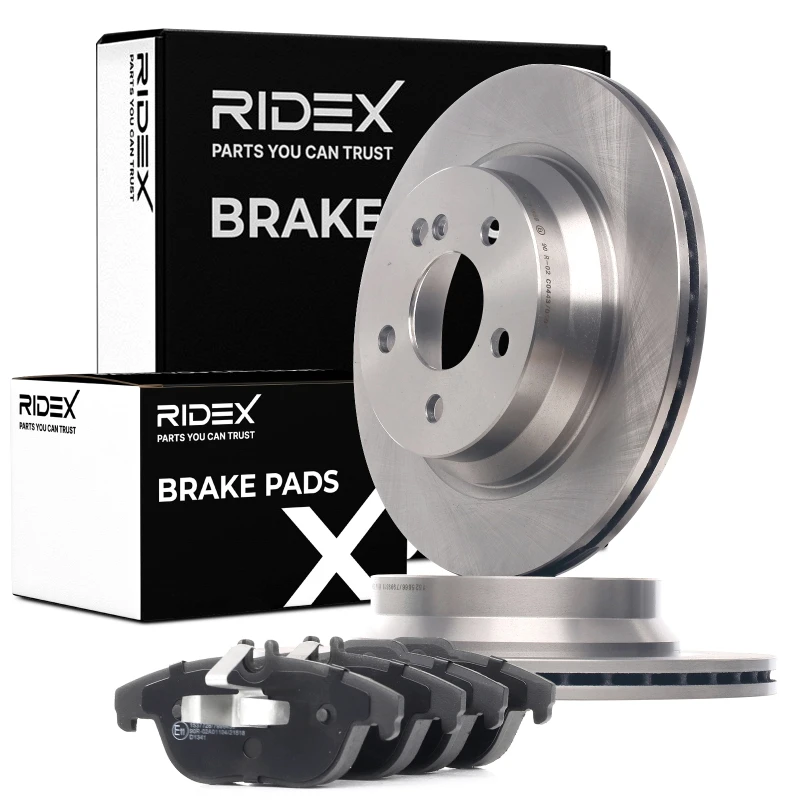Image of RIDEX 3405B1558 Brake disc and pads set Rear Axle, Brake Disc Type: Vented, prepared for wear warning indicator, with piston clip Brake Set,disc brak