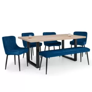 image of Julian Bowen Set Of Berwick Dining Table Luxe Low Bench Blue & 4 Luxe Blue Chairs