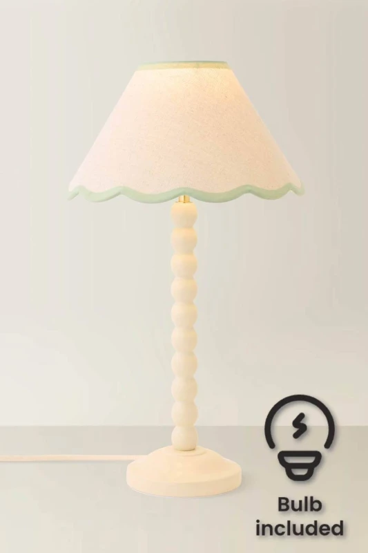 Image of ValueLights Bobbin Colour Trim Linen Shade Cream Bobble Table Lamp with Bulb in Pale Green Pale Green Unisex
