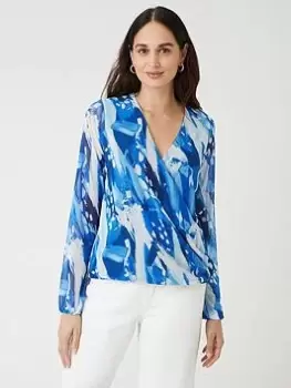 Image of Wallis Abstract Long Sleeve Wrap Top - Blue Size L, Women