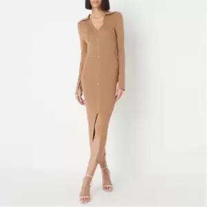 image of Missguided Button Front Rib Knit Midaxi Dress - Brown