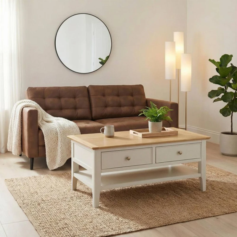 Image of FurnitureboxUK Belle 2 Drawer Rectangular Solid Oak Wood & Cream Coffee Table Cream Unisex