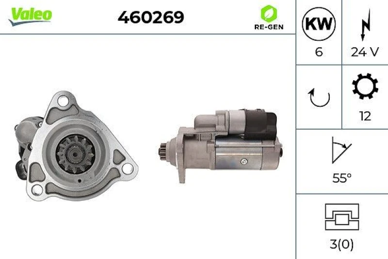 Image of VALEO 460269 Starter motor VALEO RE-GEN REMANUFACTURED 6kW, 24V, Number of Teeth: 12 Starter (2)